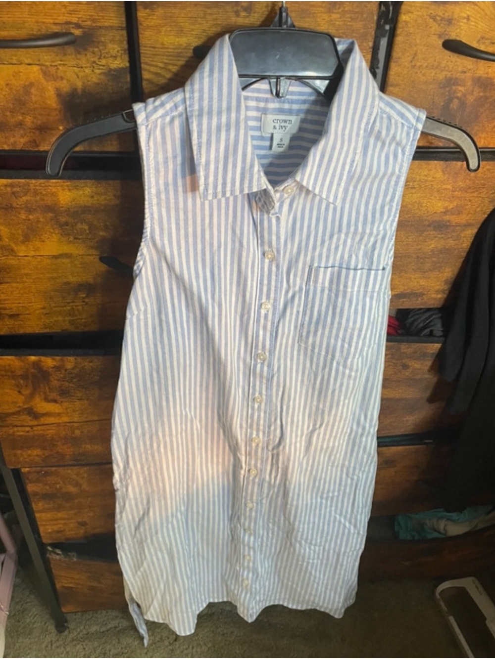 crown & ivy Blue and White Striped Sleeveless Shirt Dress